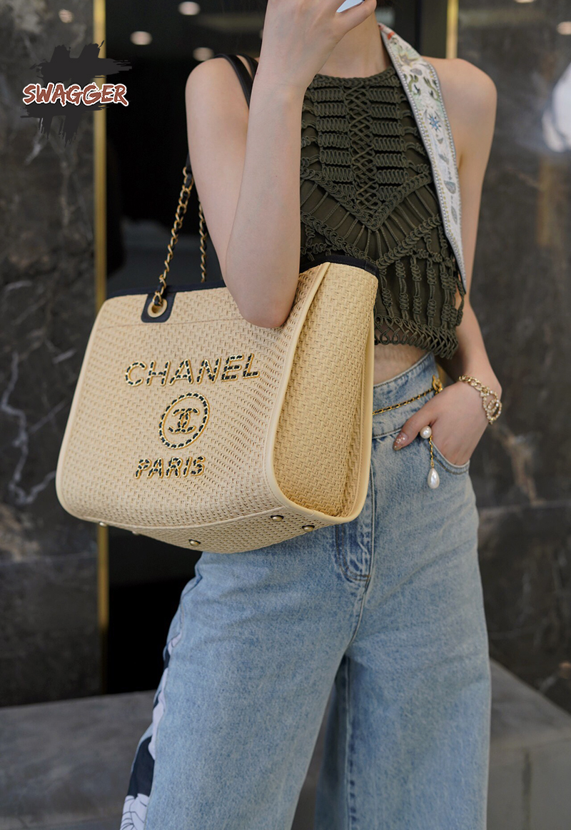 Chanel Chanel Black Large Shopping Bag Set of 2  Camellia Charm