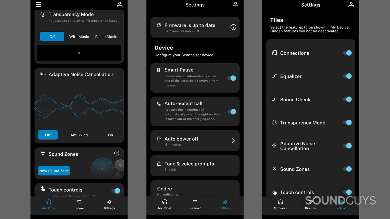 Ba ảnh chụp màn hình ứng dụng Smart Control hiển thị menu chính, cài đặt người dùng để sắp xếp và các bản cập nhật