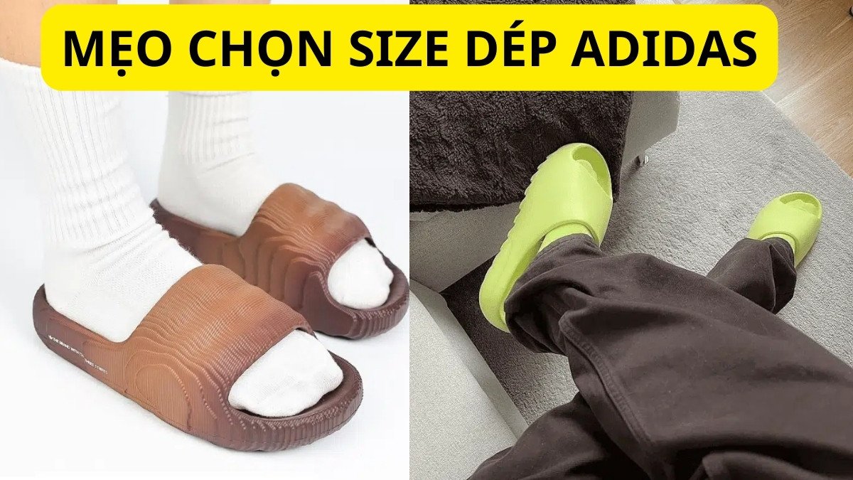 Bàn chân người mẫu thử dép Adidas để chọn kích cỡ dép Adidas phù hợp
