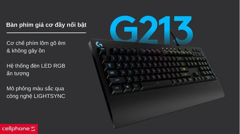 Bàn phím Logitech G213 Prodigy với thiết kế phím giả cơ và đèn RGB LIGHTSYNC rực rỡ