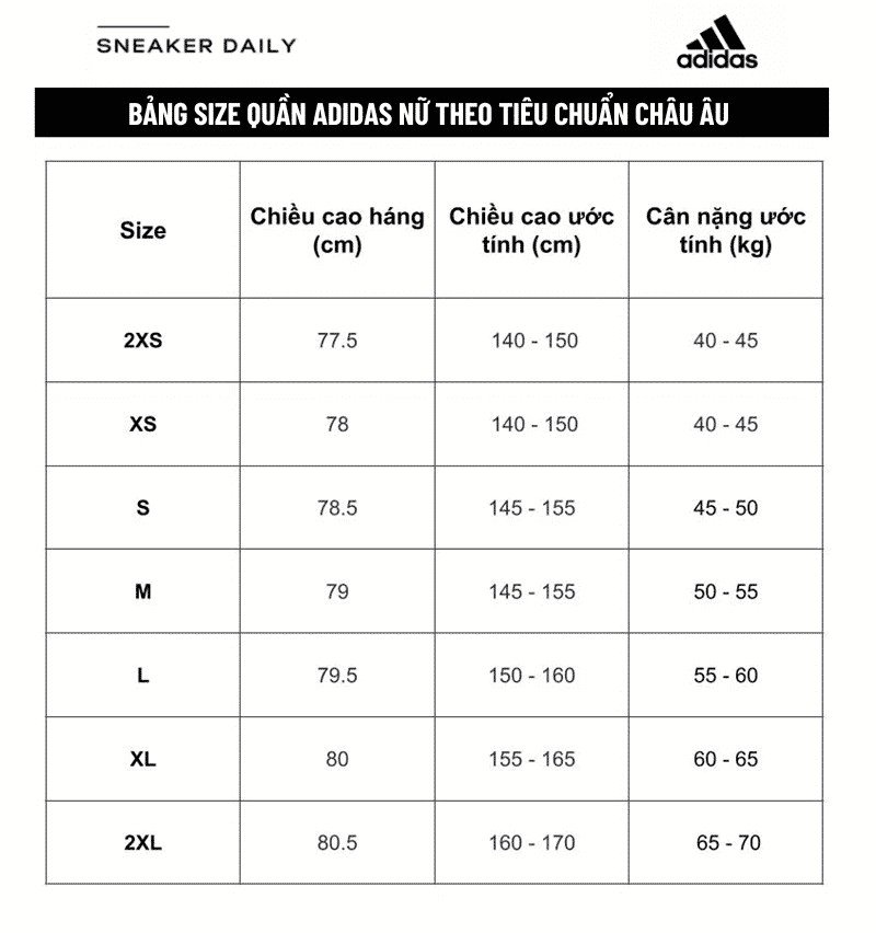 Bảng kích cỡ quần Adidas nữ theo số đo háng, chiều cao và cân nặng