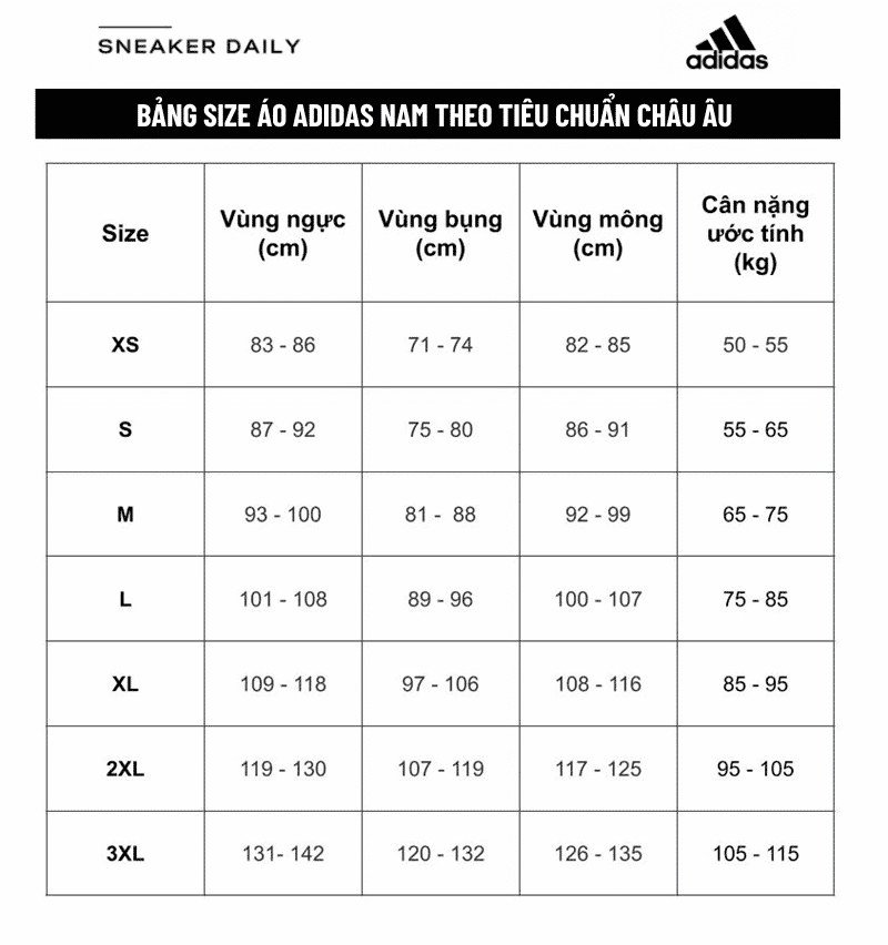 Bảng kích thước áo Adidas nam chi tiết theo cân nặng và số đo cơ thể