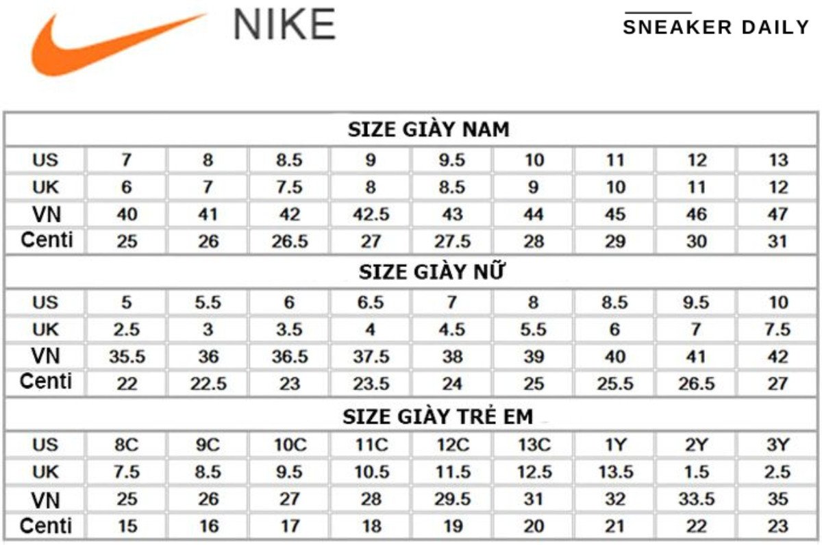 Bảng quy đổi cỡ giày Nike cho bàn chân 27cm