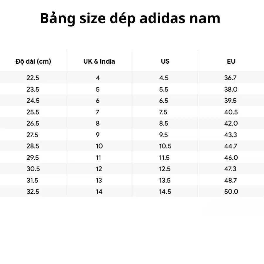 Bảng quy đổi kích cỡ dép Adidas nam theo tiêu chuẩn quốc tế