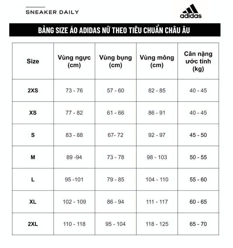 Bảng size áo Adidas nữ giúp phái đẹp chọn trang phục vừa vặn