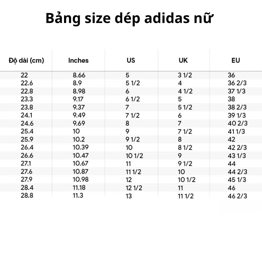 Bảng size dép Adidas nữ giúp xác định kích cỡ dép Adidas chính xác