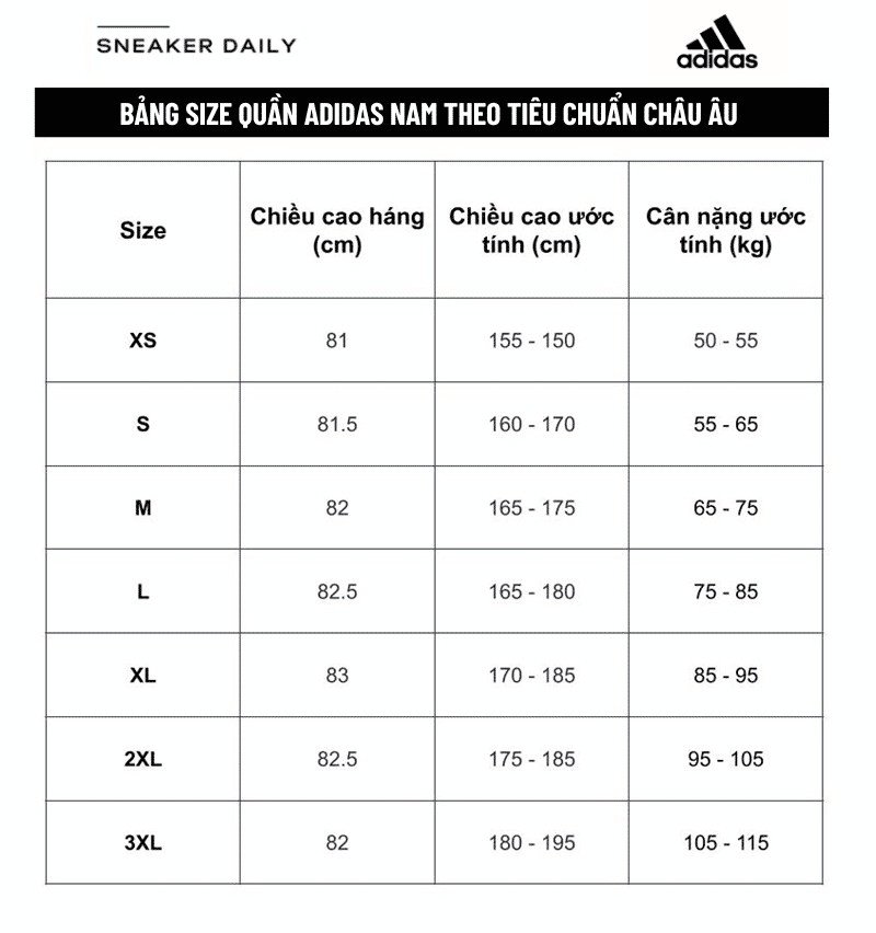 Bảng size quần Adidas nam đầy đủ từ XS đến 3XL theo chiều cao và cân nặng