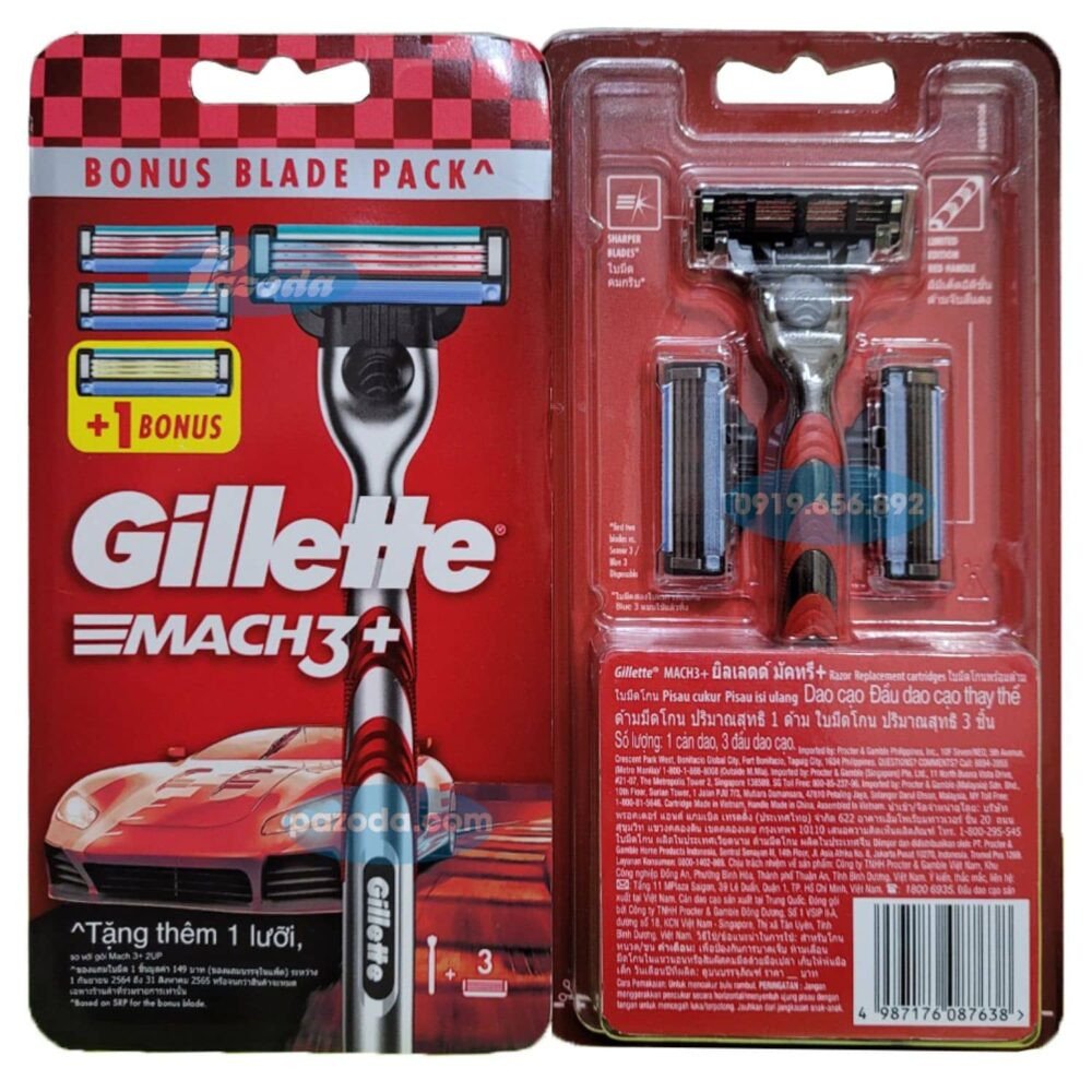 Bộ dao cạo râu Gillette Mach3 Red với tay cầm và 3 đầu lưỡi, mang đến trải nghiệm cạo râu mượt mà.