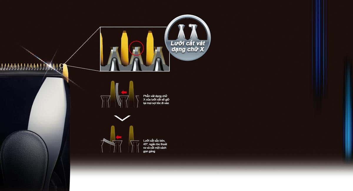 Cận cảnh lưỡi cắt hình chữ X tiên tiến của tông đơ cắt tóc Panasonic, đảm bảo đường cắt mượt mà và chính xác.