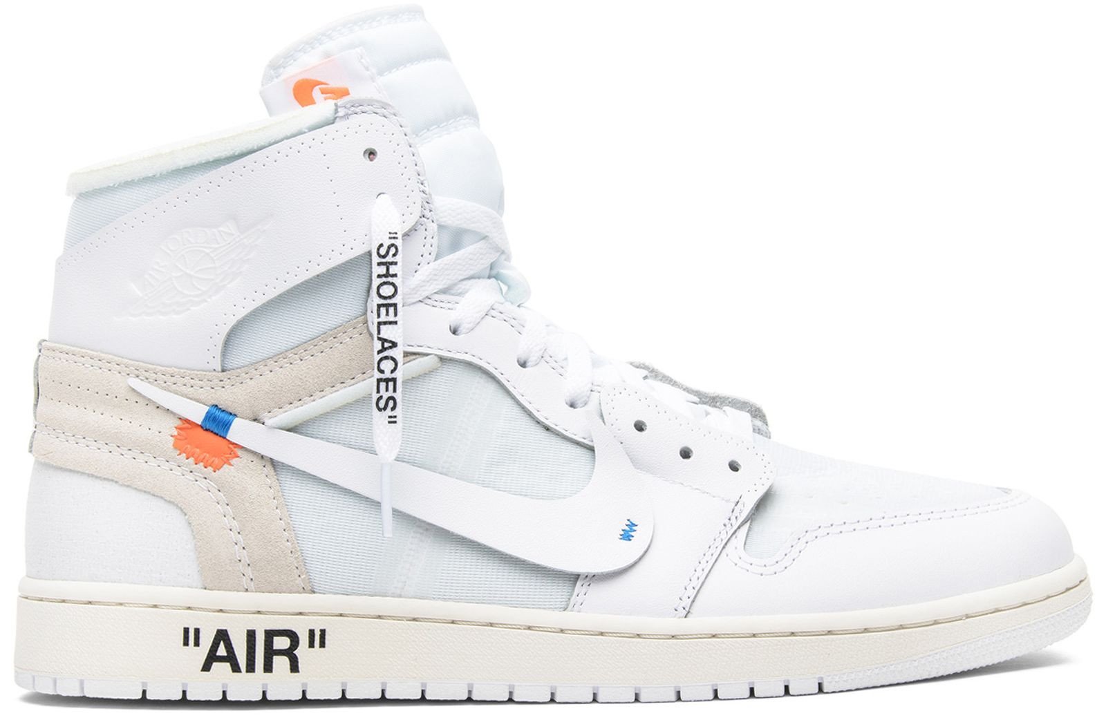 Cận cảnh mặt ngoài Off-White x Air Jordan I High OG màu trắng, phiên bản độc quyền Châu Âu 2018
