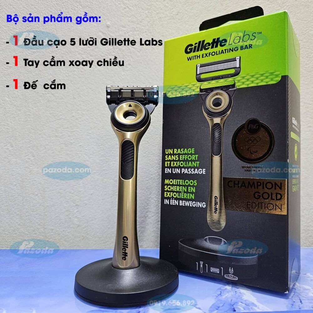 Dao cạo râu Gillette Labs Gold cao cấp với 5 lưỡi kép và tay cầm xoay chiều