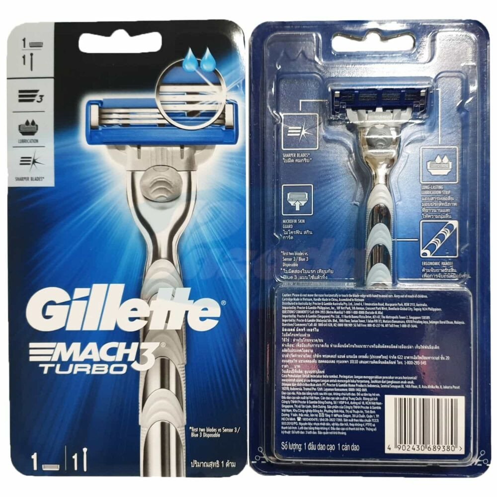 Dao cạo râu Gillette Mach3 Turbo với tay cầm chắc chắn và đầu lưỡi 3D linh hoạt cho mọi đường nét.