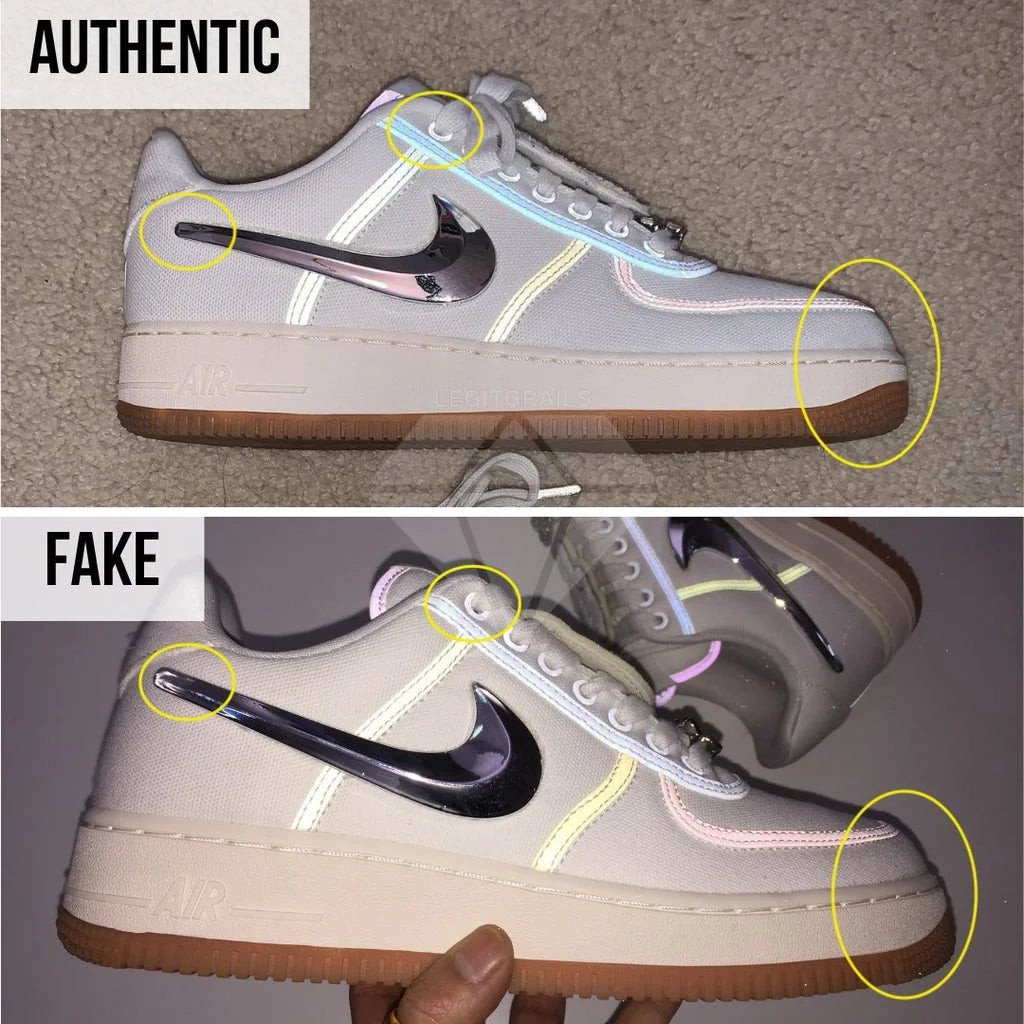 Giày Nike Air Force 1 real Travis Scott Sail và hàng giả, so sánh hình dáng tổng thể