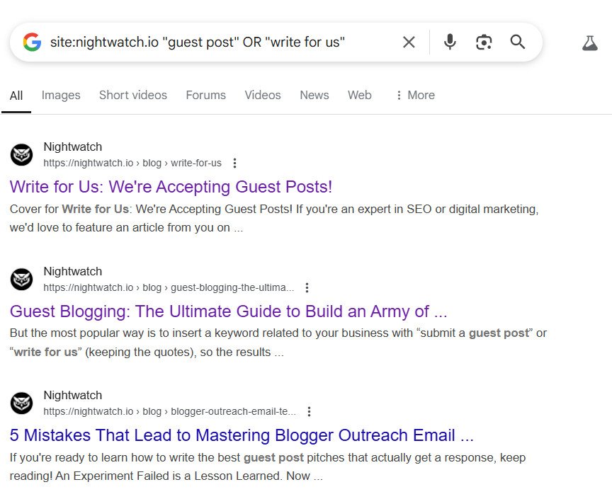 google search operator guest posting search results