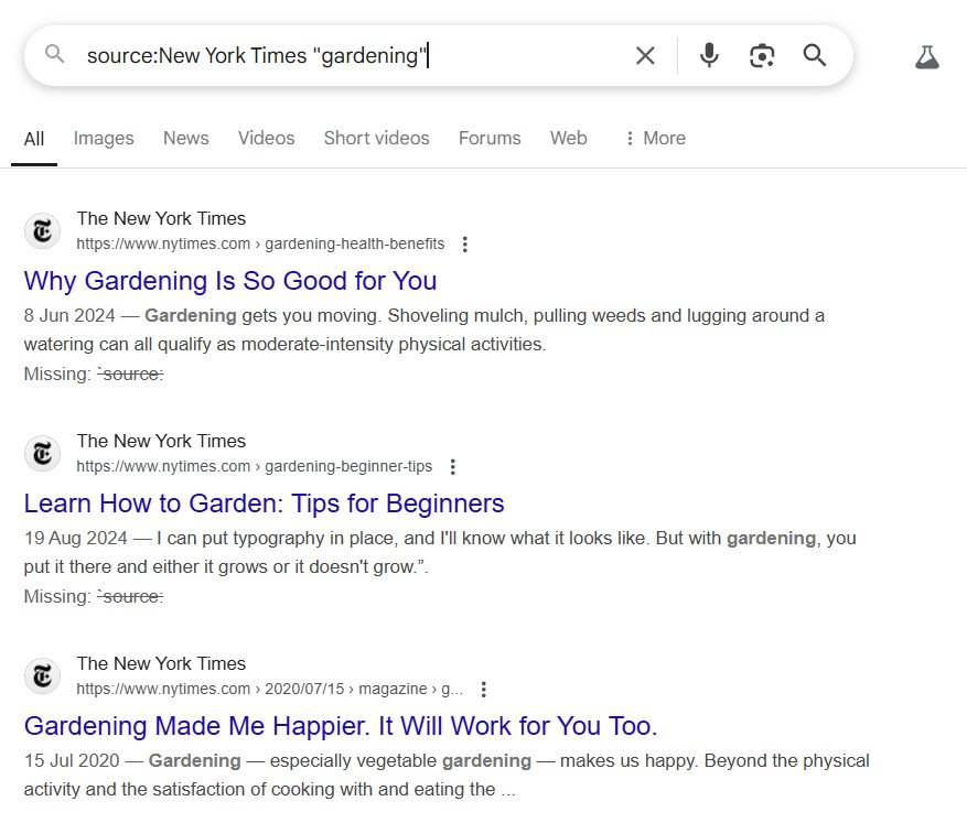 Google search operator search results for the source commands
