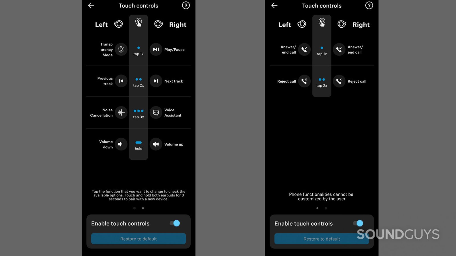 Hai ảnh chụp màn hình hiển thị các điều khiển mặc định cho Sennheiser MOMENTUM True Wireless 3