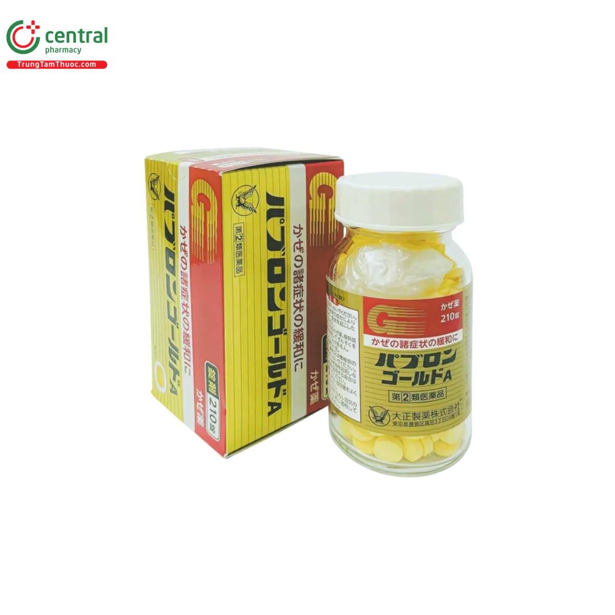 Hình ảnh cận cảnh viên thuốc cảm cúm Taisho Pabron Gold A, loại thuốc cảm cúm viên màu vàng nổi tiếng của Nhật