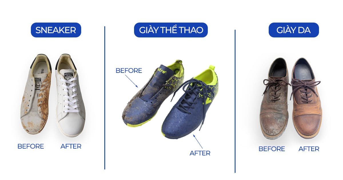 Hình ảnh so sánh rõ nét giày sneaker trước và sau khi sử dụng dịch vụ vệ sinh giày sneaker, cho thấy hiệu quả làm sạch đáng kinh ngạc.
