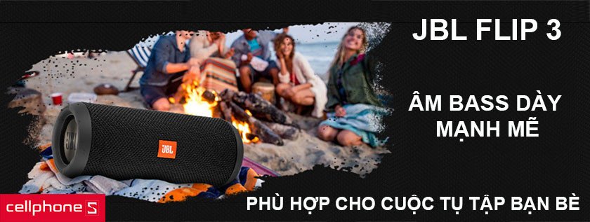 Loa di động JBL Flip 3 đặt trong không gian ngoài trời, sẵn sàng khuấy động bữa tiệc với chất âm bass mạnh mẽ.