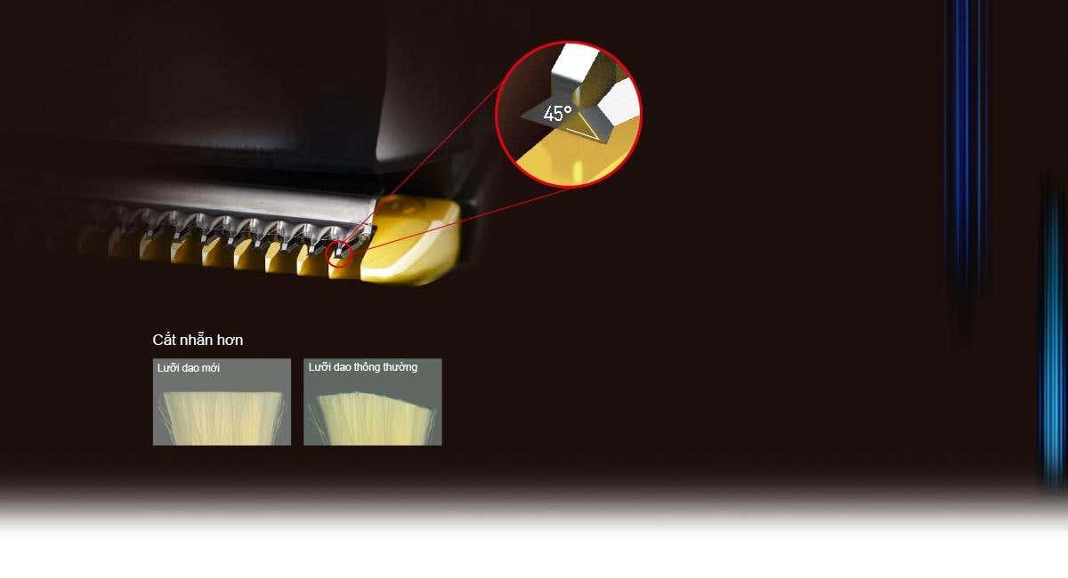 Lưỡi cắt sắc bén 45 độ của máy cắt tóc Panasonic, mang lại hiệu suất cắt tóc chuyên nghiệp.