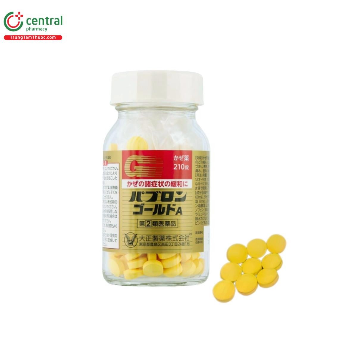 Mặt sau của hộp thuốc cảm cúm viên màu vàng Taisho Pabron Gold A
