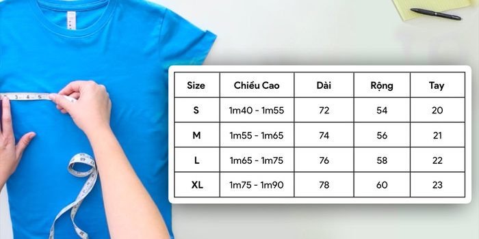 Minh họa bảng size áo tiêu chuẩn, giúp người mua hiểu rõ các thông số