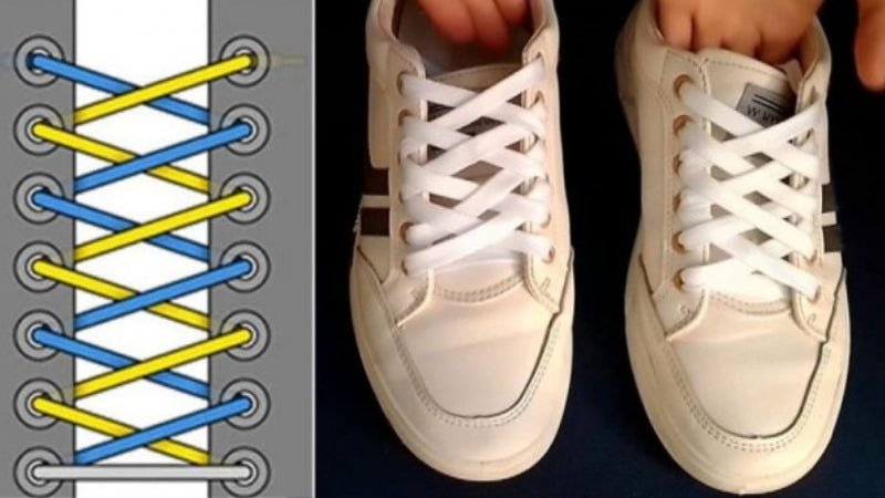 Minh họa cách cột dây giày sneaker giấu dây kiểu đan chéo, thích hợp cho giày có lỗ lẻ