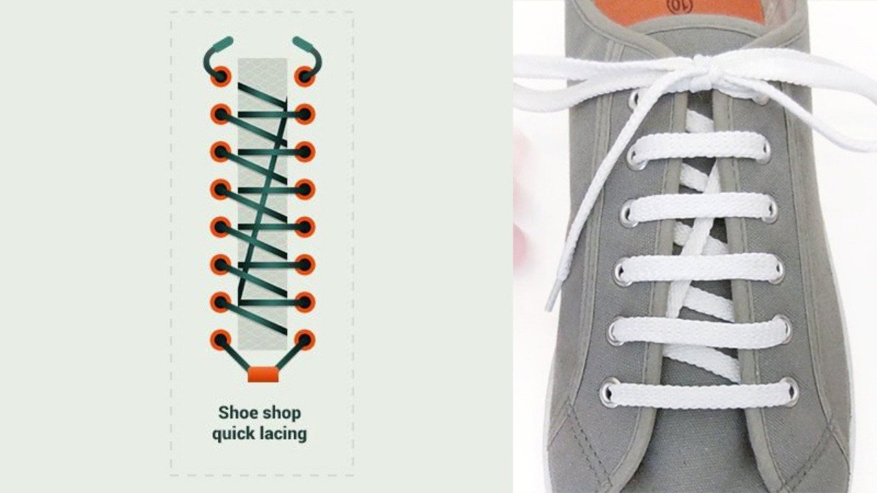 Một đôi giày thể thao màu đen với cách thắt dây kiểu Shoe Shop, trông rất gọn gàng và chuẩn mực