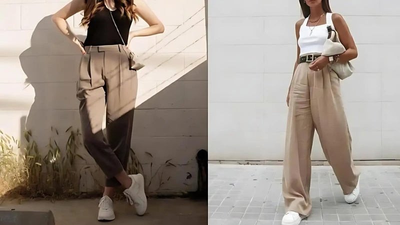 Phối đồ với giày sneaker nữ và quần xếp ly tạo vẻ ngoài công sở năng động