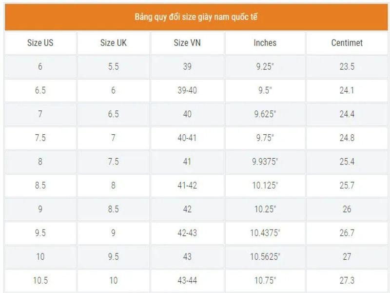 Quy đổi size giày nam US 8 sang Việt Nam, size 8 US là bao nhiêu