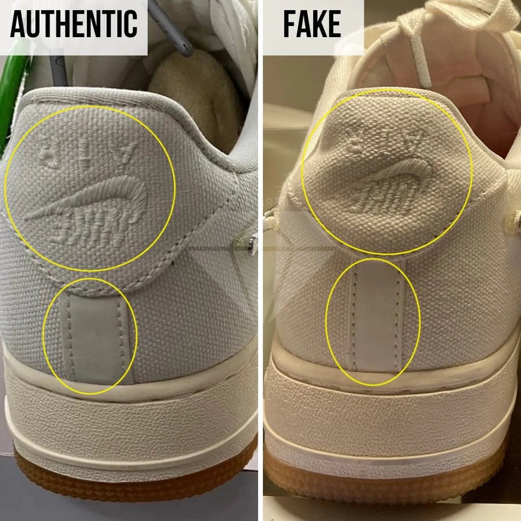 So sánh gót giày của Nike Air Force 1 real Travis Scott Sail và hàng giả
