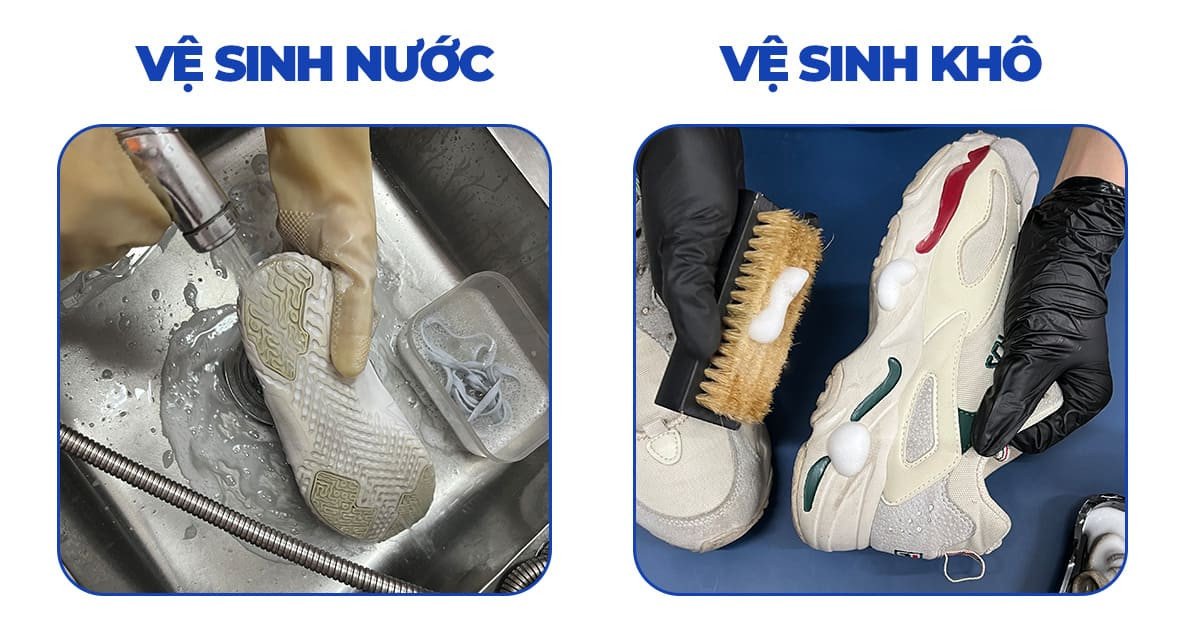 So sánh hai phương pháp vệ sinh giày sneaker: vệ sinh khô và vệ sinh bằng nước, áp dụng trong dịch vụ vệ sinh giày sneaker.