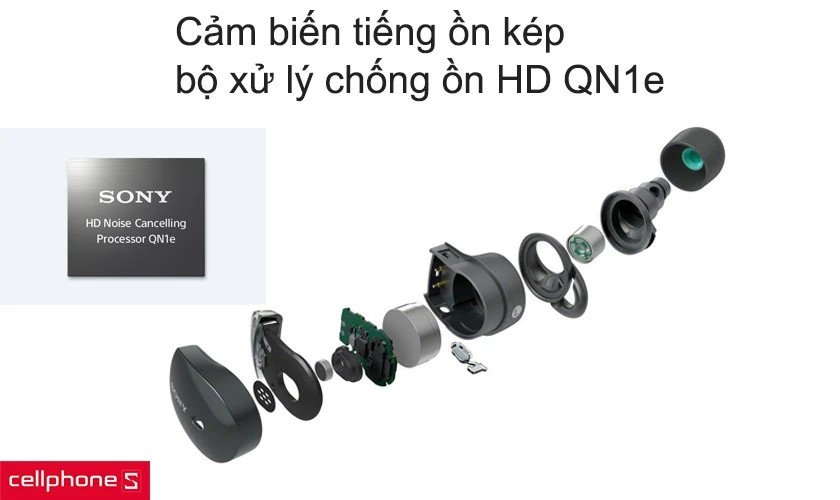 Tai nghe Sony WF-1000XM3 hiển thị vị trí của micro kép và bộ xử lý chống ồn HD QN1e tích hợp