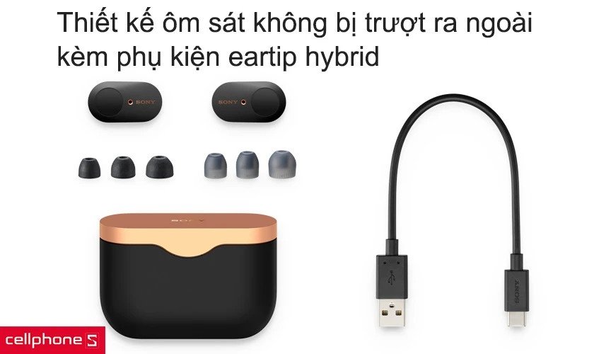 Tai nghe Sony WF-1000XM3 với thiết kế công thái học và các phụ kiện eartip