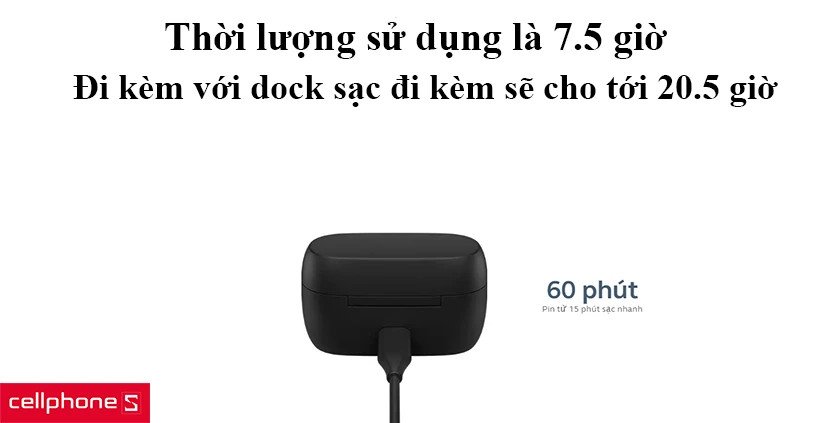 Thời lượng pin 7.5 giờ trên tai nghe Jabra Elite 75T