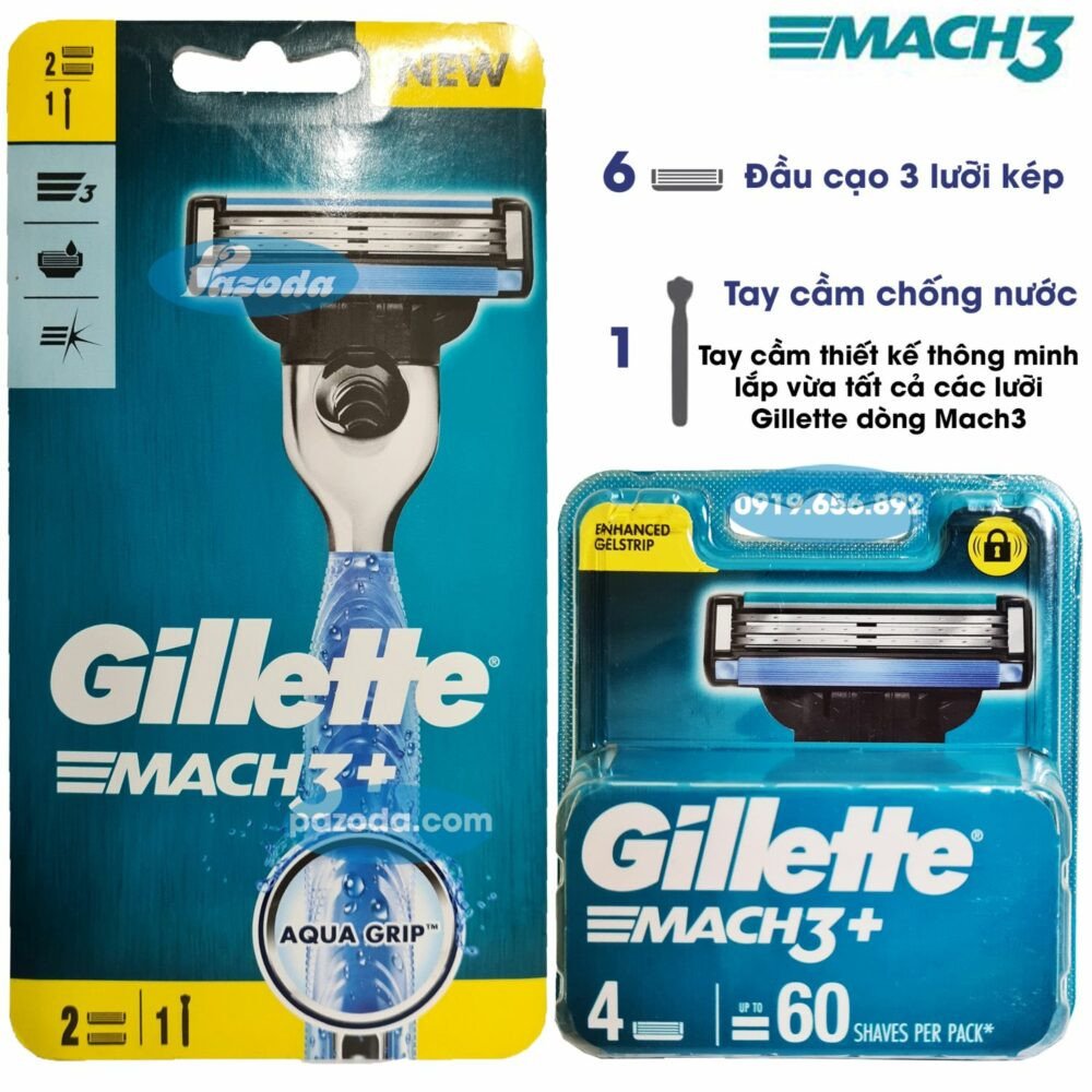 Trọn bộ bàn cạo râu Gillette Mach3 tiện lợi, bao gồm tay cầm và nhiều đầu lưỡi thay thế.