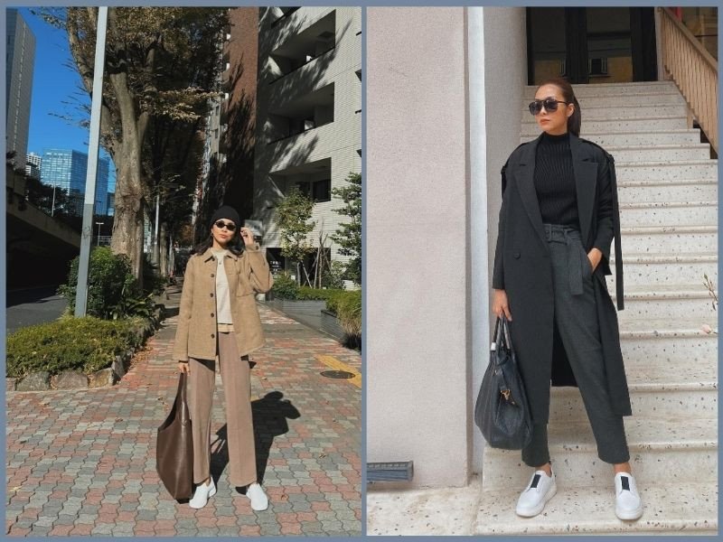 Áo blazer kẻ, quần jean và giày sneaker trắng