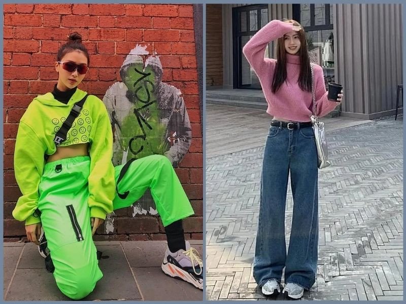 Áo len cổ lọ màu be, quần ống suông và giày sneaker trắng