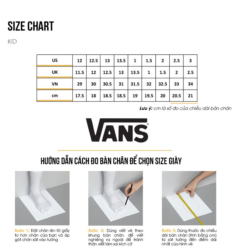 Bảng đo size giày Vans dành cho trẻ em, đảm bảo chọn được cỡ giày Vans vừa vặn cho các bé
