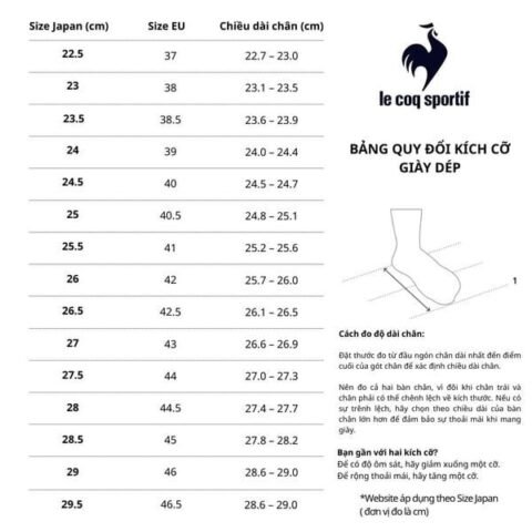 Bảng kích cỡ giày thể thao Le Coq Sportif