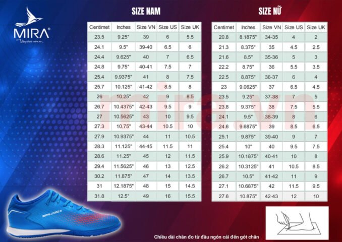 Bảng quy đổi kích cỡ giày Mira chuẩn