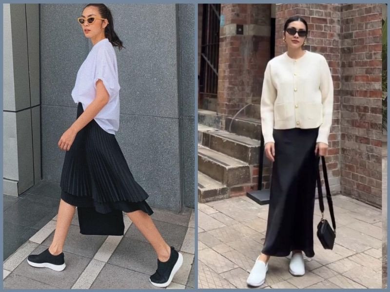 Chân váy, áo thun dài tay và giày sneaker đen