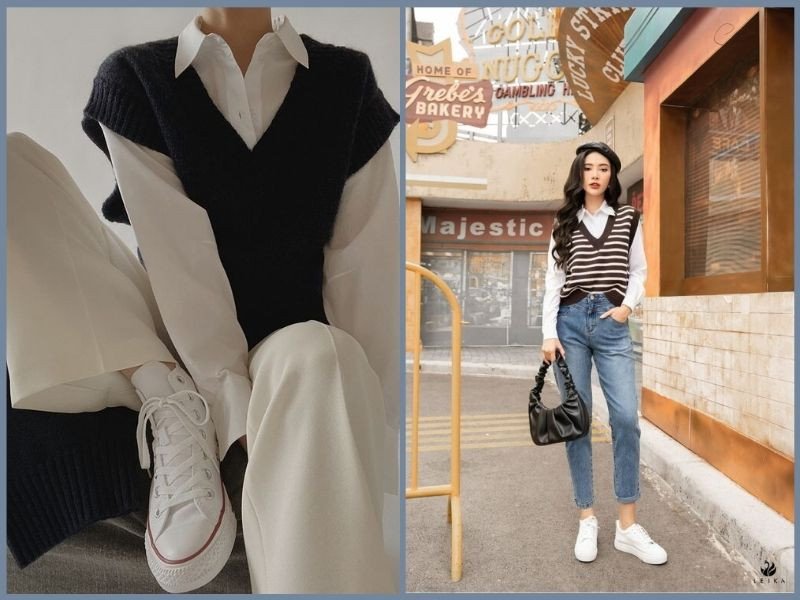 Cô gái thanh lịch và trẻ trung diện áo sơ mi, gile len phối đồ với giày thể thao nữ