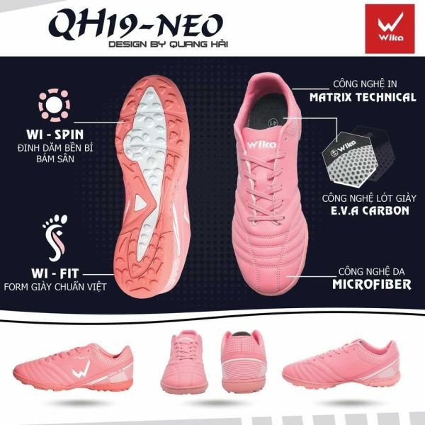 Đôi giày đá bóng Wika QH19NEO Quang Hải màu hồng, với thiết kế hiện đại và màu sắc trẻ trung
