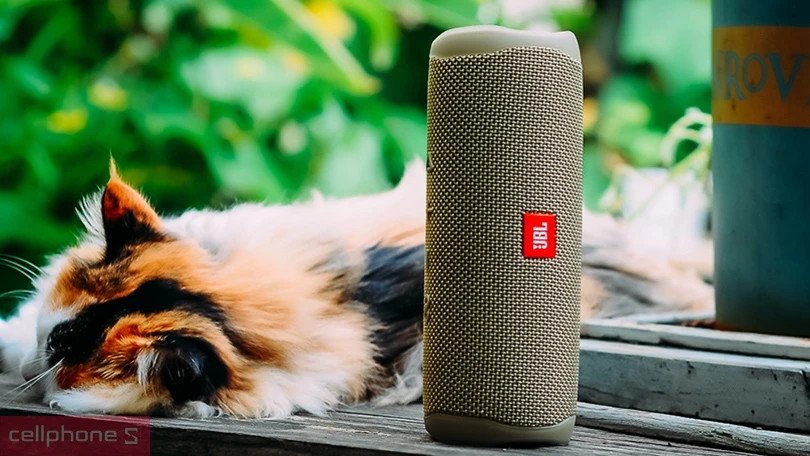 Loa JBL Flip 5 chống nước IPX7, đang được sử dụng ngoài trời gần hồ bơi