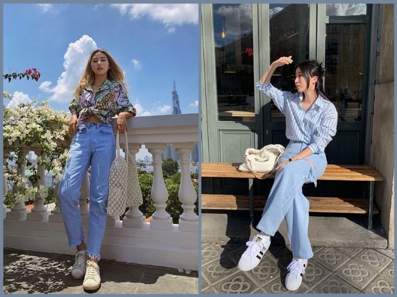 Mix áo sơ mi, quần jean và giày sneaker đen