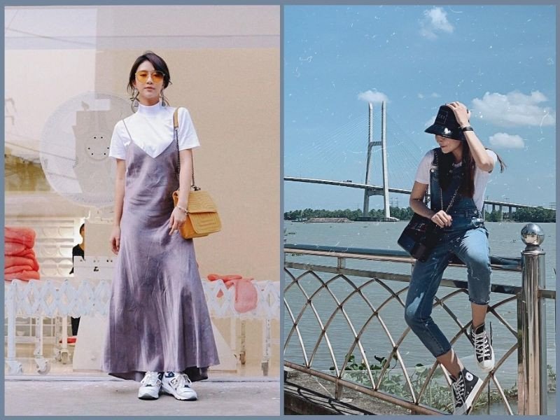 Mix quần yếm denim với giày sneaker trắng