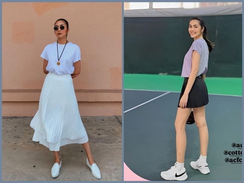 Phối áo phông, chân váy và giày sneaker nữ