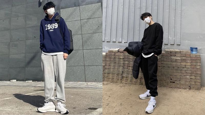 Phối đồ với giày thể thao nam phong cách street style cùng áo hoodie và quần jogger