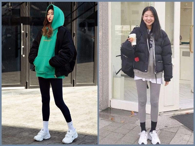 Quần legging đen, áo len oversize và giày sneaker trắng